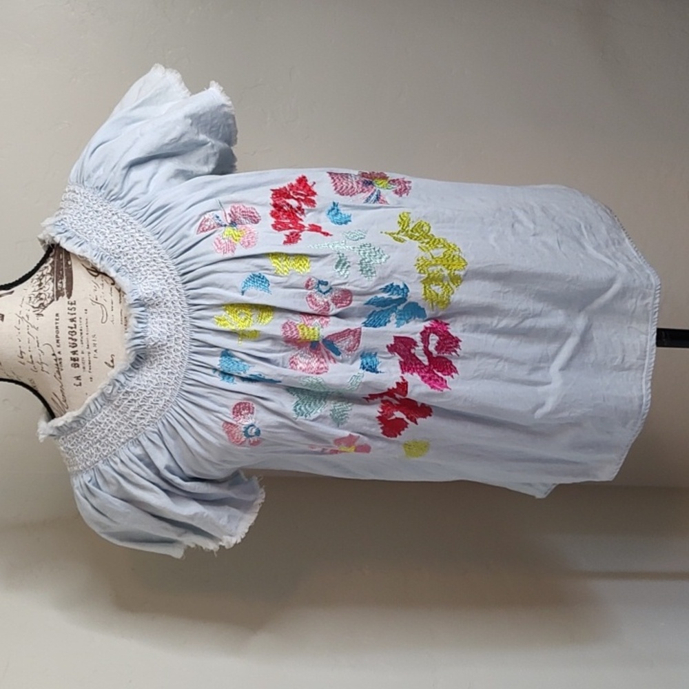 Grand & Greene Sky Blue Boho Cottage Core Floral Embroidery Blouse SZ: L